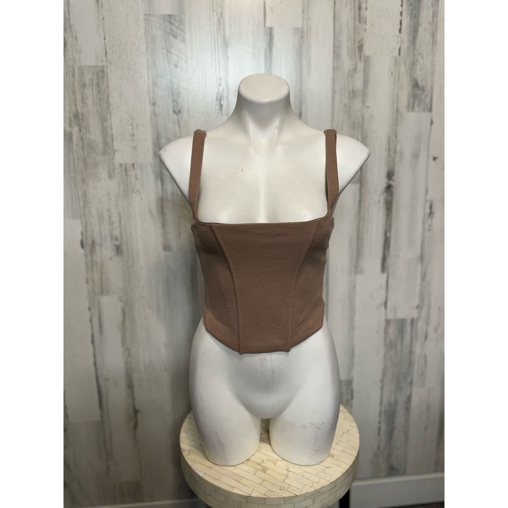 Forever 21 Square Neck Corset Crop Top Womens S Brown Zip Back Structured Tank
